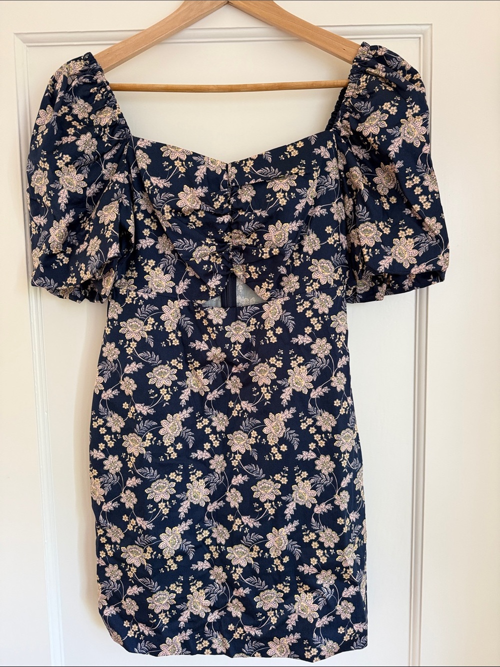 Boden Navy Floral Puff-Sleeve Mini Dress with Front Cut Out Size 2